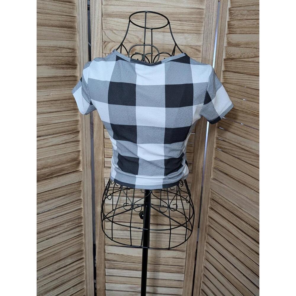 SHEIN Women Blouse Size XS Spandex Plaid Gingham Black Mock Neck Short Sleeve